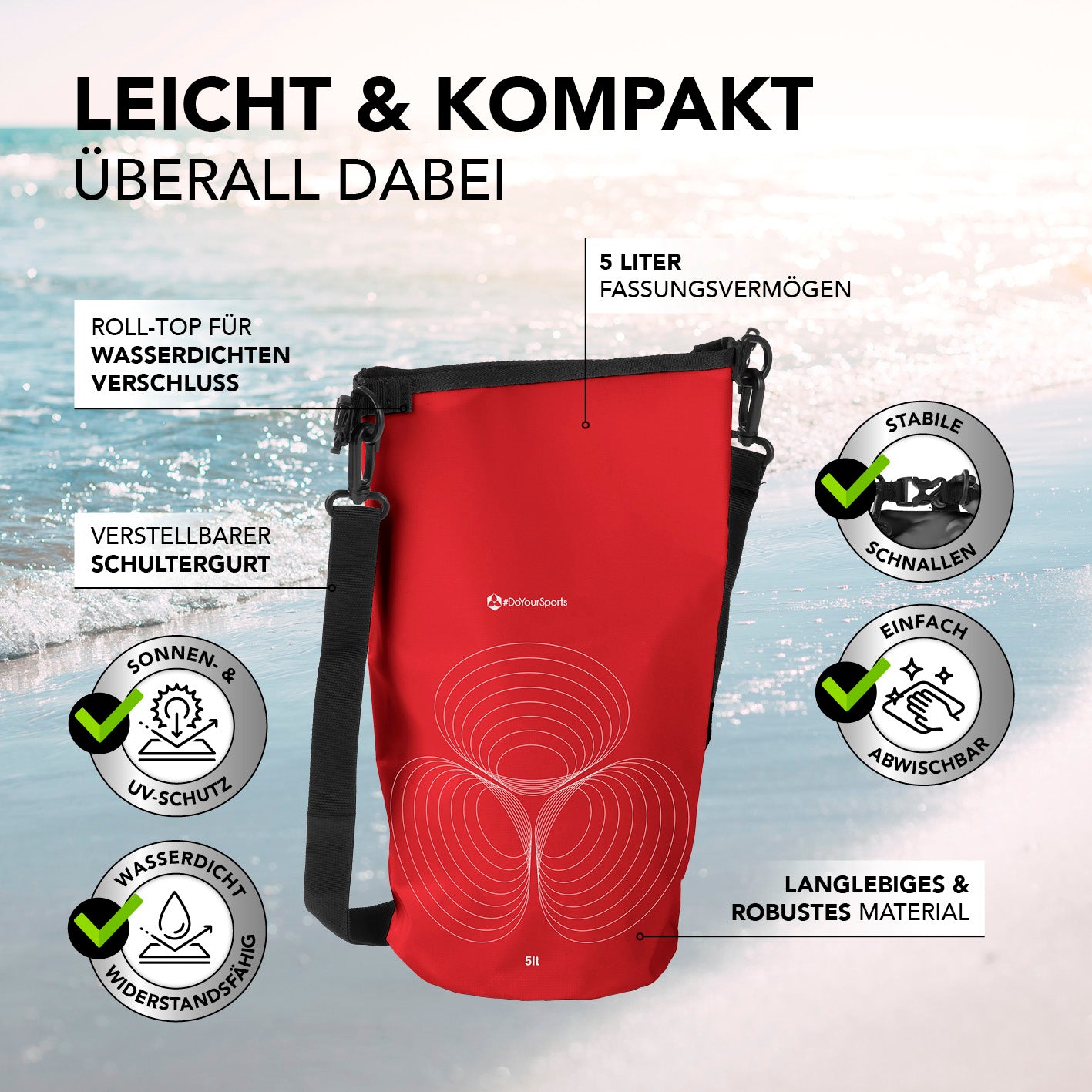 Dry Bag 5L - Rot, wasserdichter Rucksack mit Rolltop, UV-Schutz, verstellbarem Schultergurt und robustem Material für Outdoor-Abenteuer.