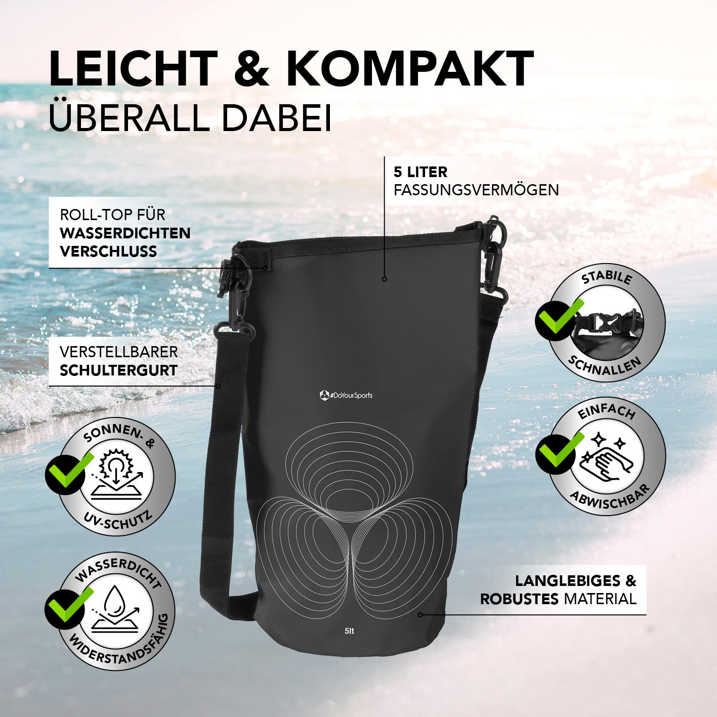 Dry Bag 5L - Schwarz, wasserdichter Rucksack mit UV-Schutz, Rolltop-Verschluss, verstellbarem Schultergurt und robustem Material.
