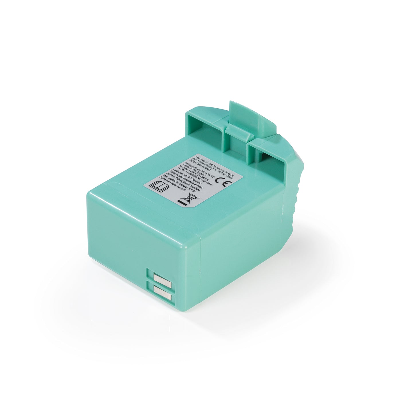 Ersatz-Akku 2000mAh 14,8V für Akku-Zyklon-Staubsauger - türkis in klarer Darstellung mit Aufkleber und elektrischen Kontakten.
