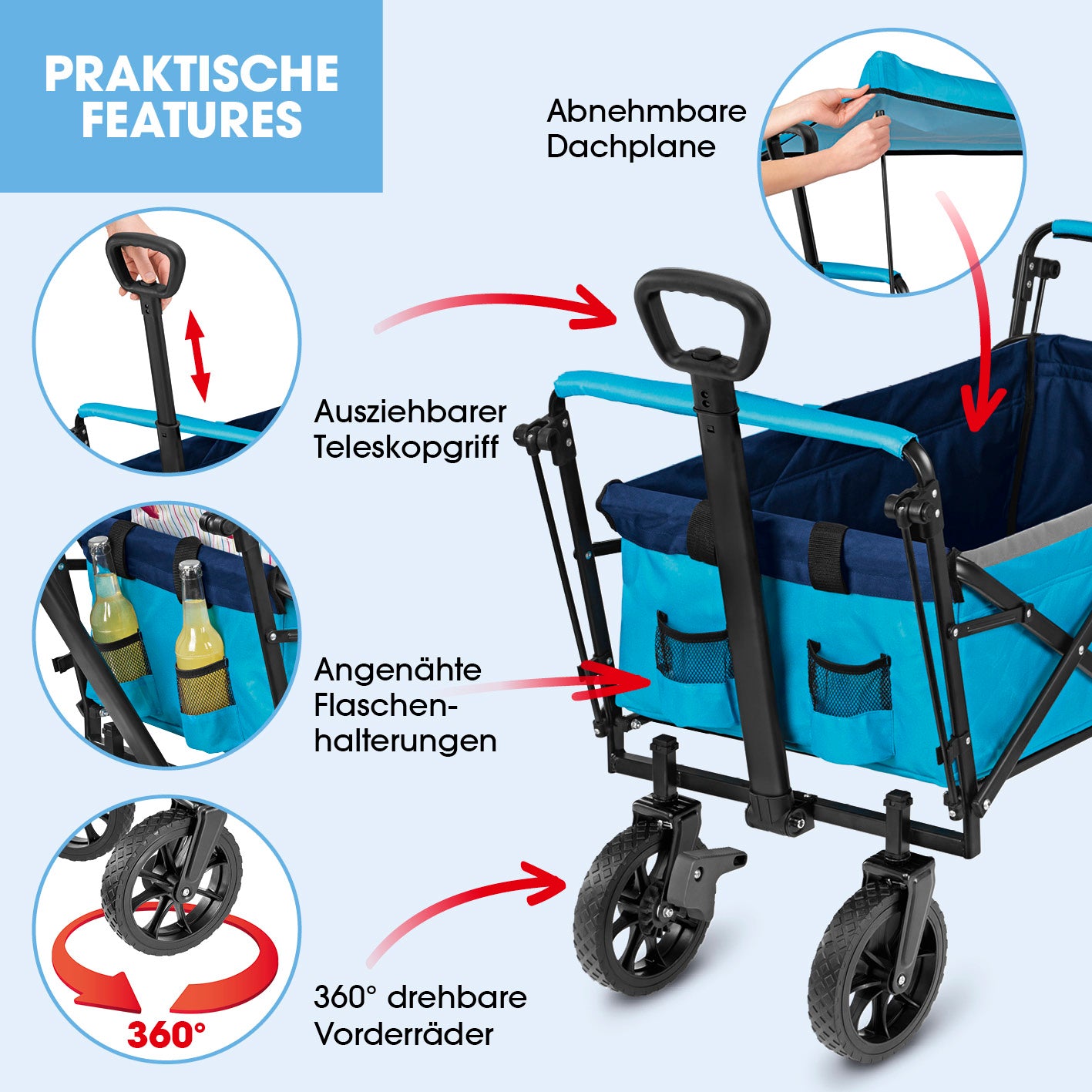 Bollerwagen faltbar - blau mit abnehmbarer Dachplane, ausziehbarem Griff, Flaschenhaltern und 360° drehbaren Vorderrädern, Galerie 4.