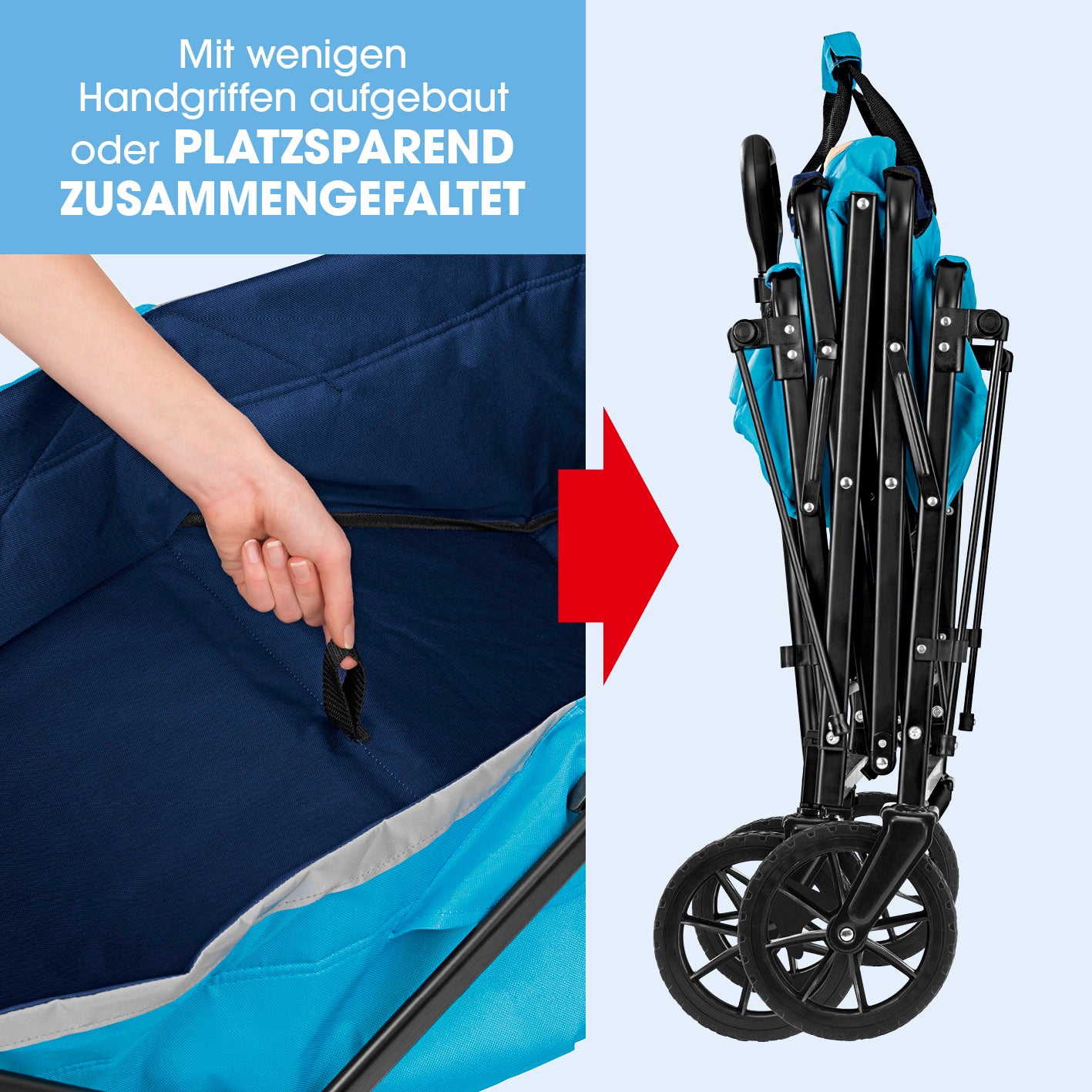 Bollerwagen faltbar - blau zeigt platzsparendes Zusammenfalten mit stabilem Blauton, Bild 5 der Produktgalerie quadratisch
