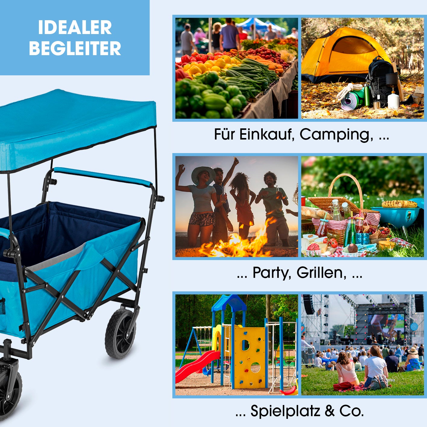 Bollerwagen faltbar - blau, Galeriebild 6, zeigt vielseitige Nutzung für Einkauf, Camping, Party und Spielplatz, 1417x1417px quadratisch