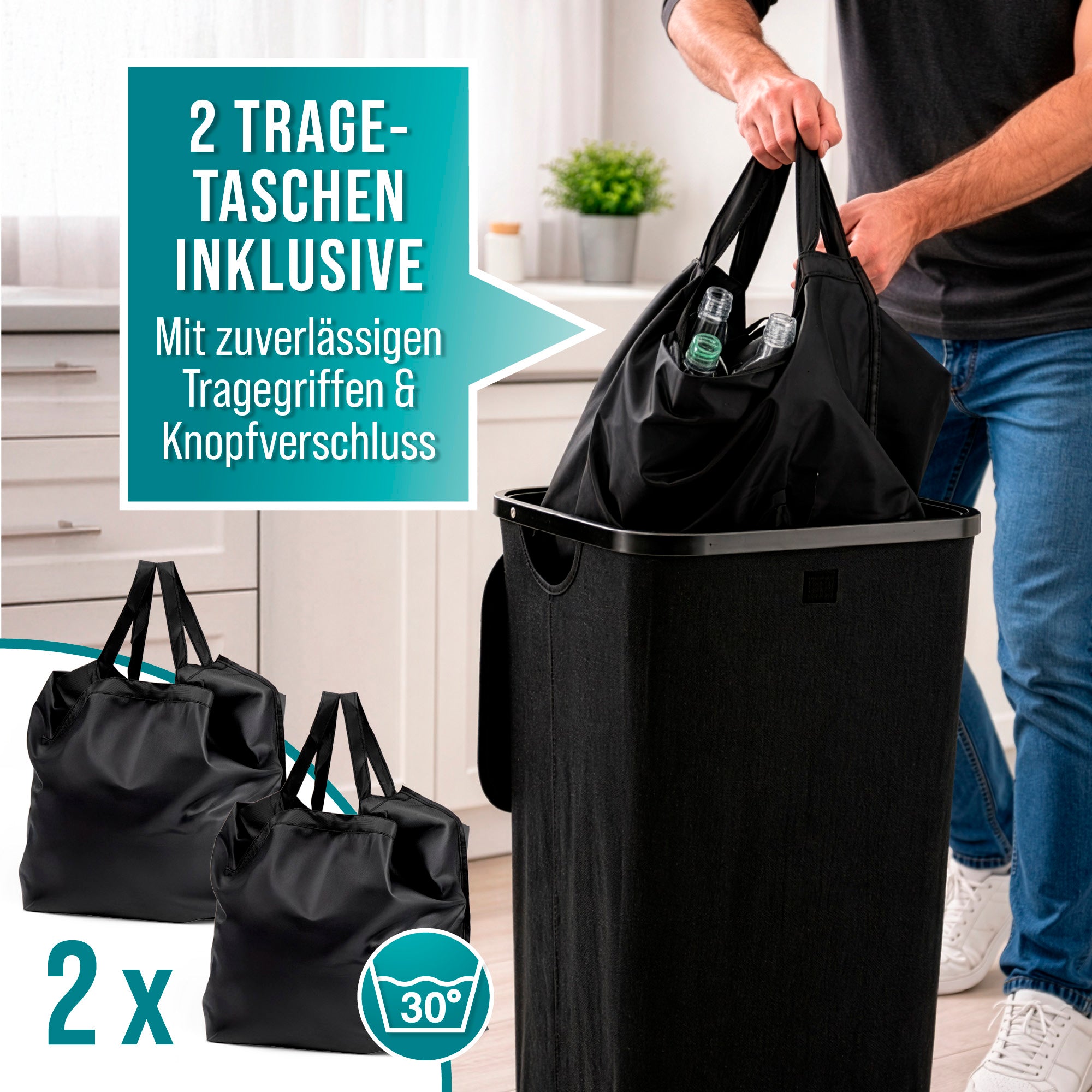 Glas- & Leergutsammler - 100 l - 25 kg max. Gesamtlast mit zwei Tragetaschen und stabilem Griff zum einfachen Transport.