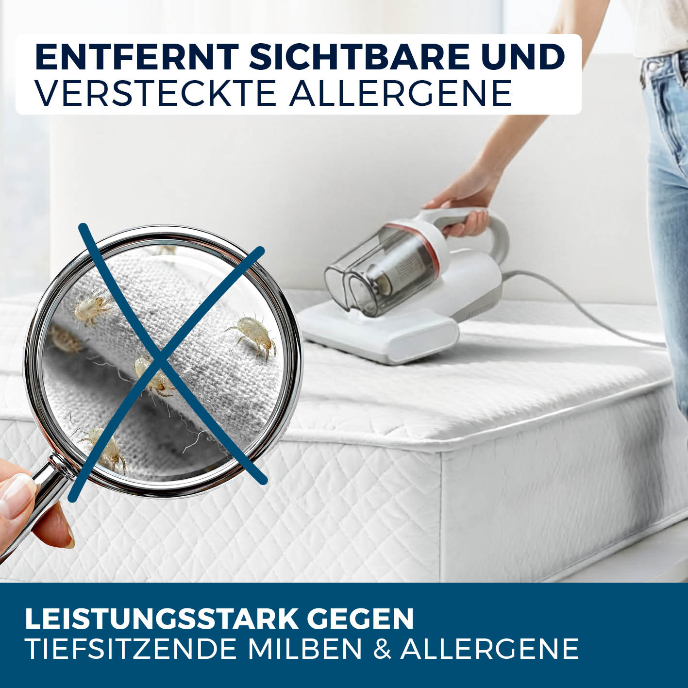 Milbensauger Vibration Pro entfernt tiefsitzende Milben und Allergene von Matratzen sichtbar und effektiv mit UV-Licht und Filtersystem.