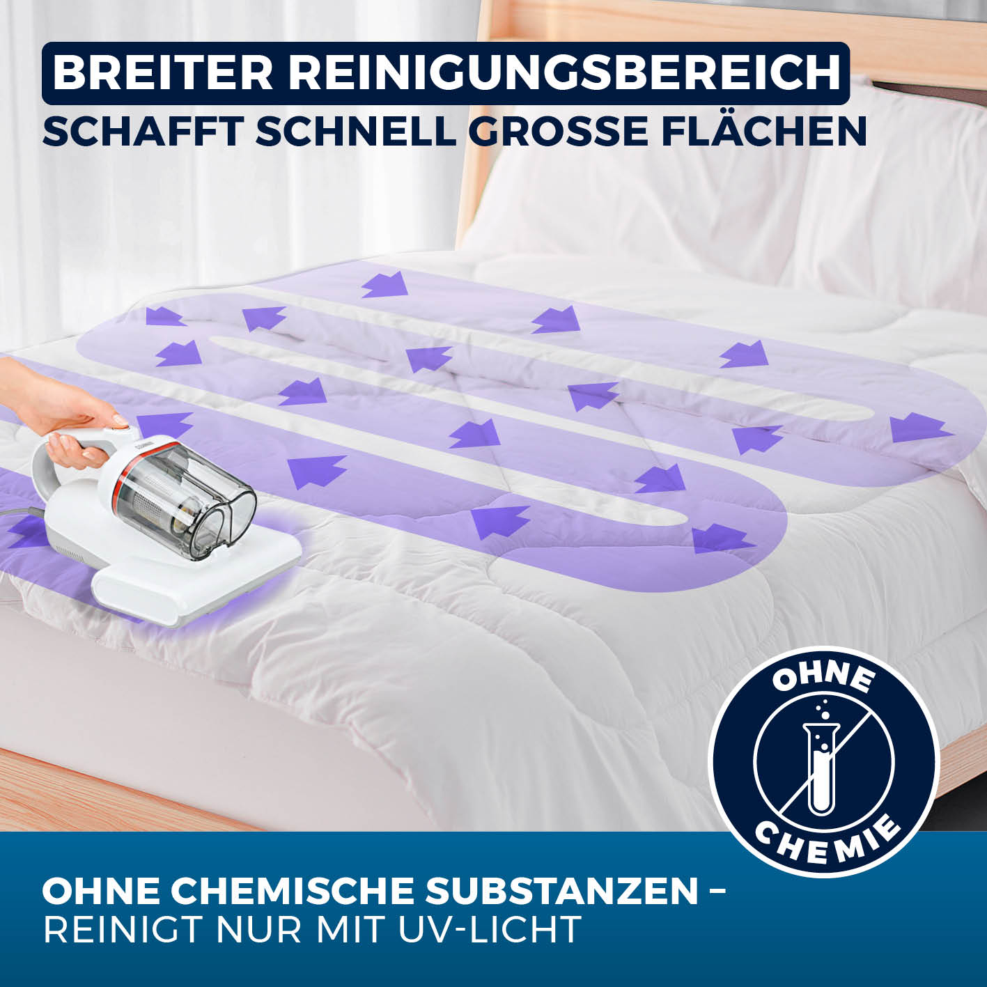 Milbensauger Vibration Pro reinigt breite Flächen auf Matratzen schnell und effektiv nur mit UV-Licht ohne Chemie.