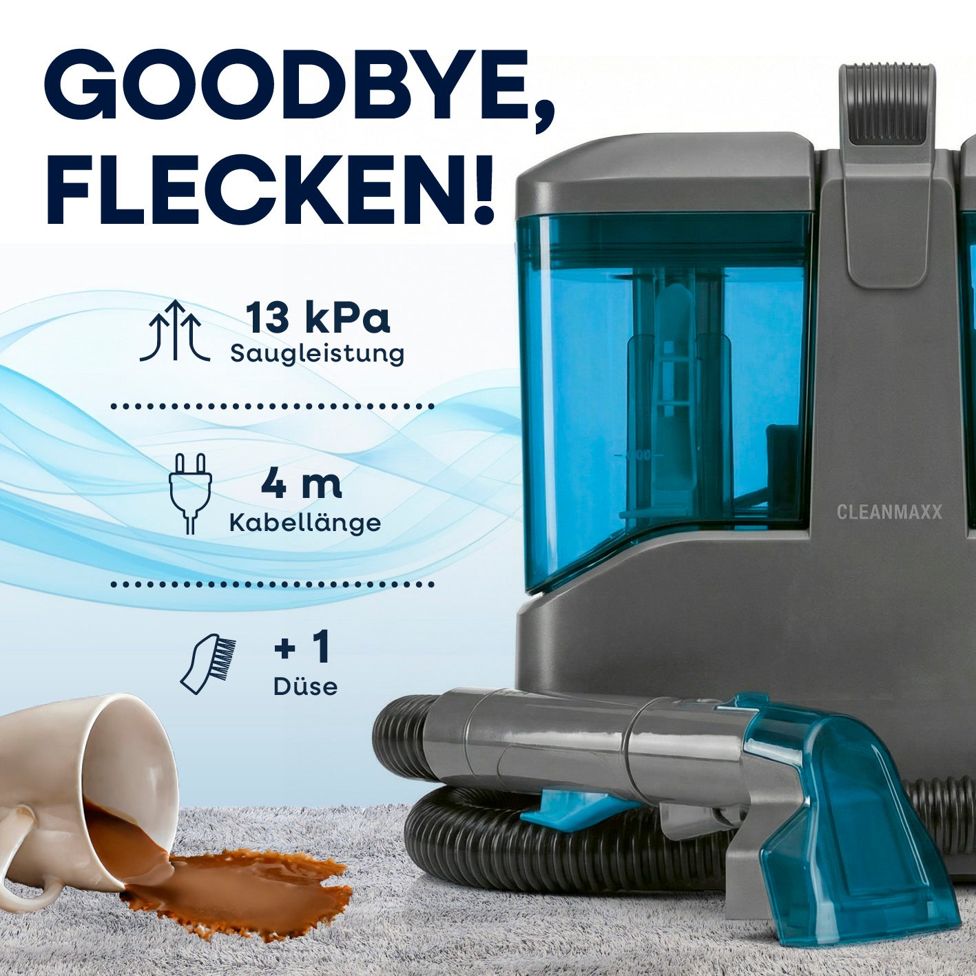 Polster- & Teppichreiniger Kompakt Pro - 450 W mit 13 kPa Saugleistung, 4 m Kabel und zusätzlicher Düse gegen Flecken auf Teppich und Polstern.