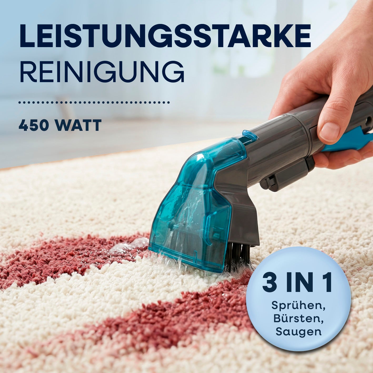 Handhabung des Polster- & Teppichreiniger Kompakt Pro - 450 W zur Reinigung von Teppichen mit Sprüh-, Bürsten- und Saugfunktion.