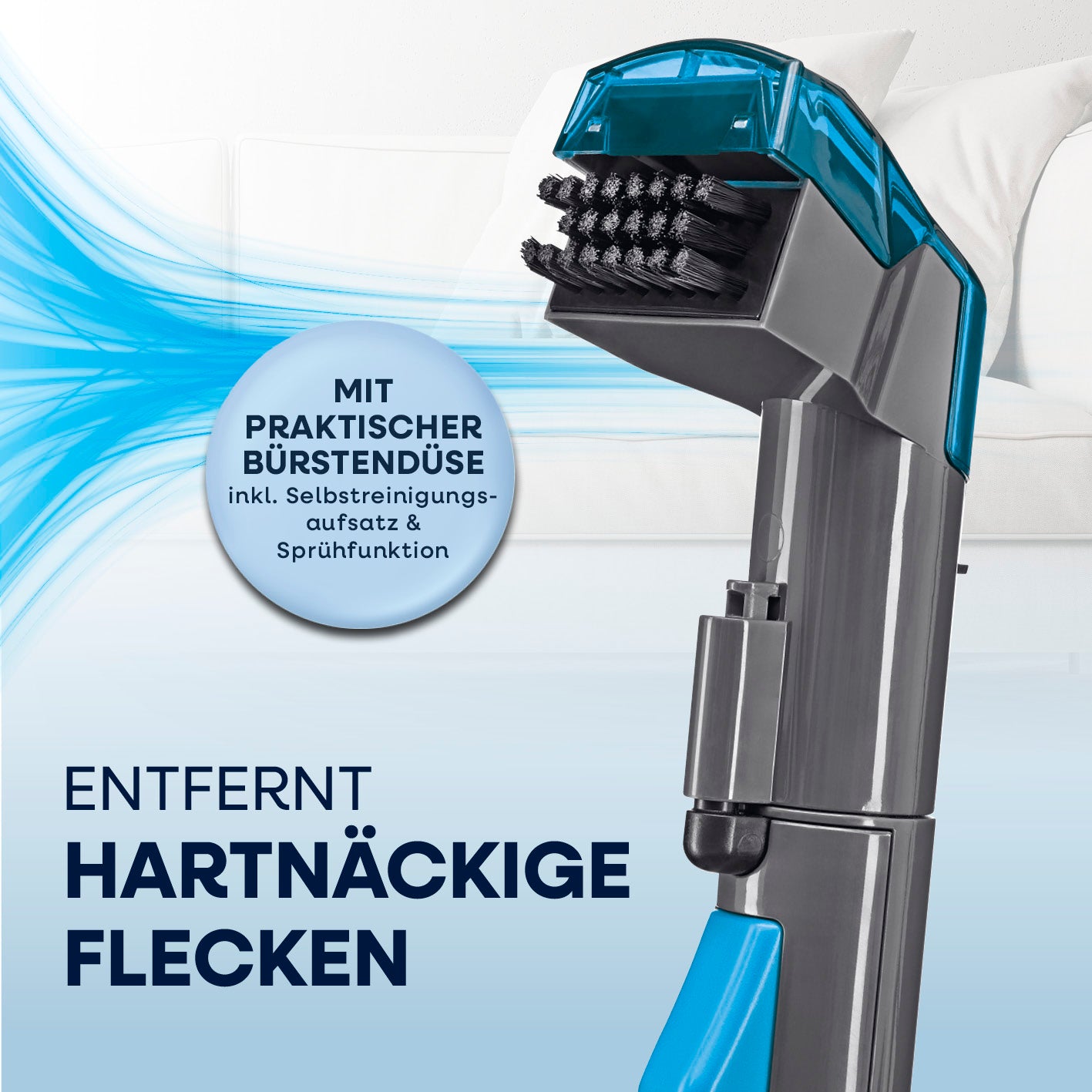 Polster- & Teppichreiniger Kompakt Pro - 450 W mit Bürstendüse zur effektiven Fleckenentfernung von Polstern und Teppichen.