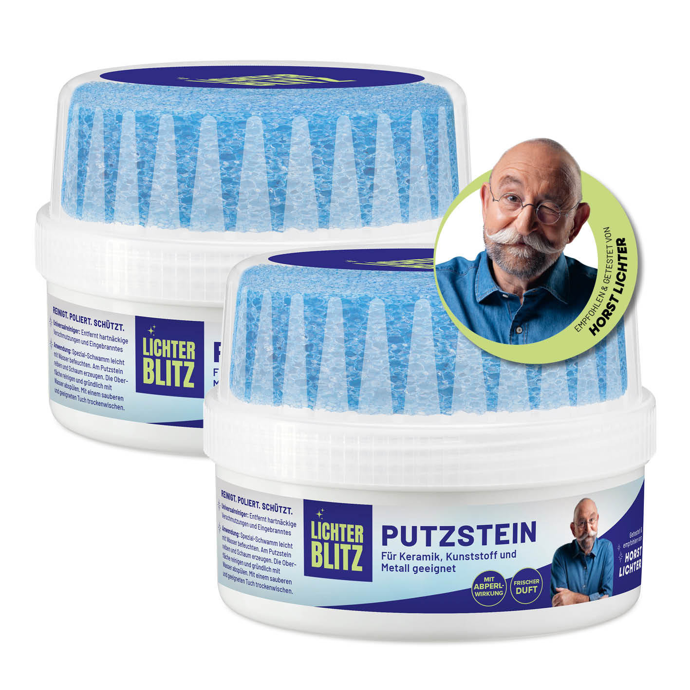 Putzstein - 2er-Set (2x 500 g) in Kunststoffdosen mit blauem Deckel, geeignet für Keramik, Kunststoff und Metall, Aromaduft inklusive.