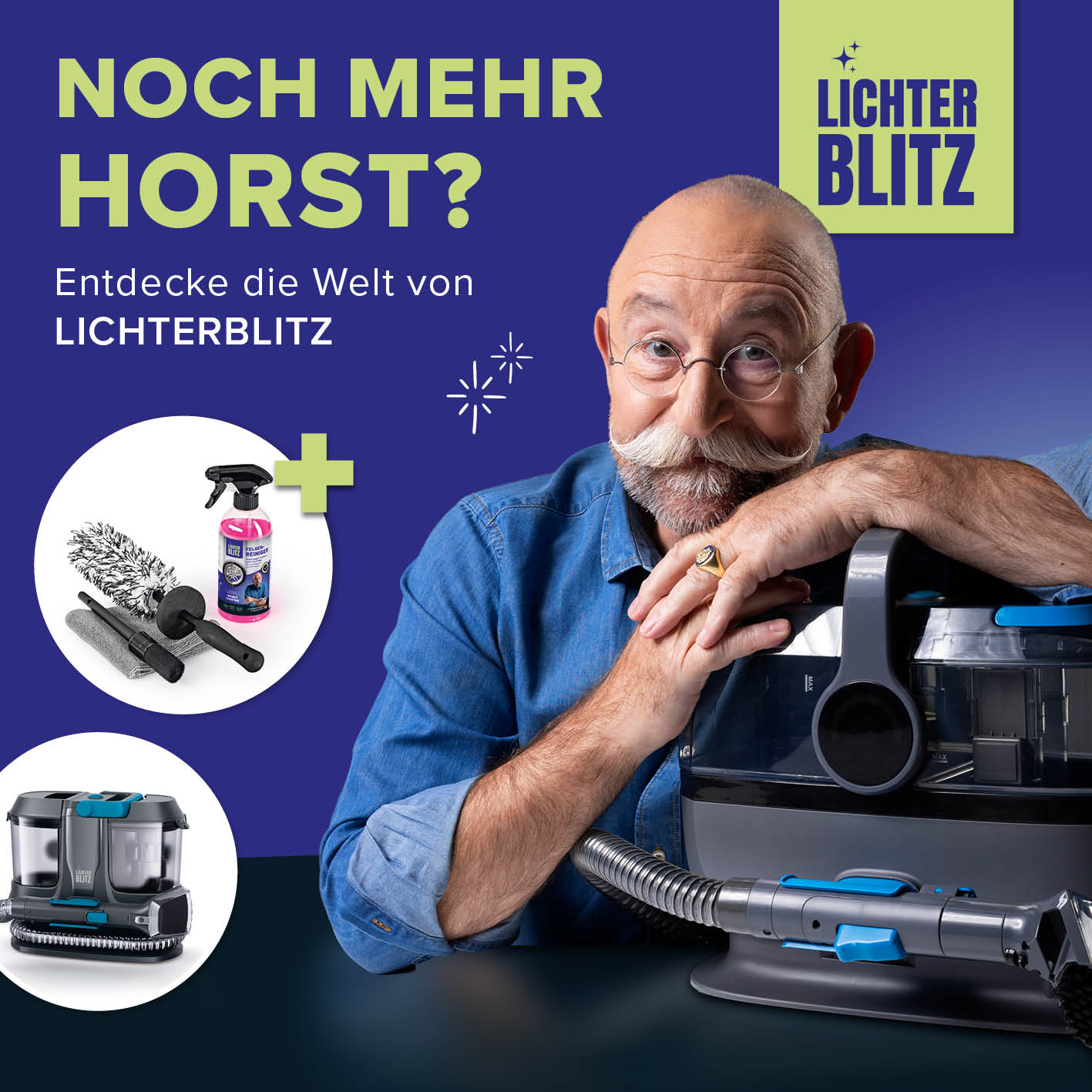 Putzstein - 2er-Set (2x 500 g) präsentiert von älterem Herrn mit Brille und Reinigungszubehör vor blauem Hintergrund