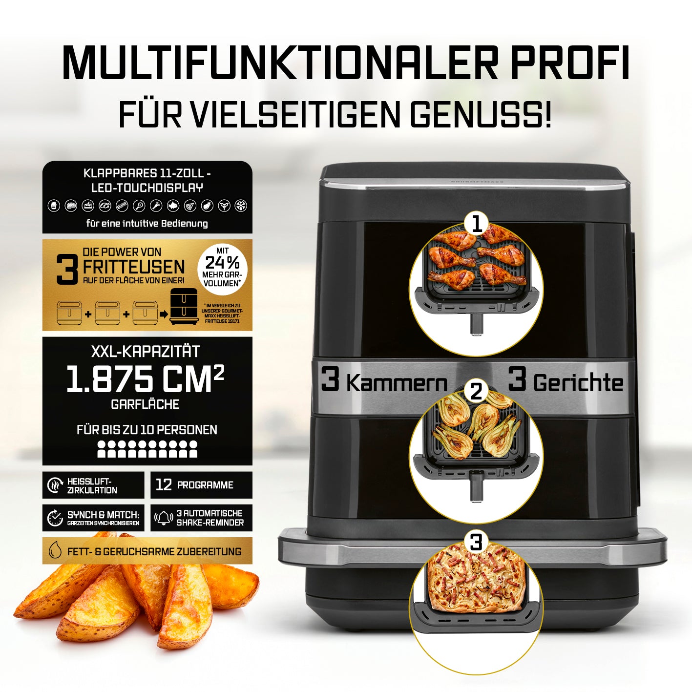 FryUp3 Vertikale 3-Kammer-Heißluftfritteuse - 12,4 l - inkl. HighHeat-Ofenschublade