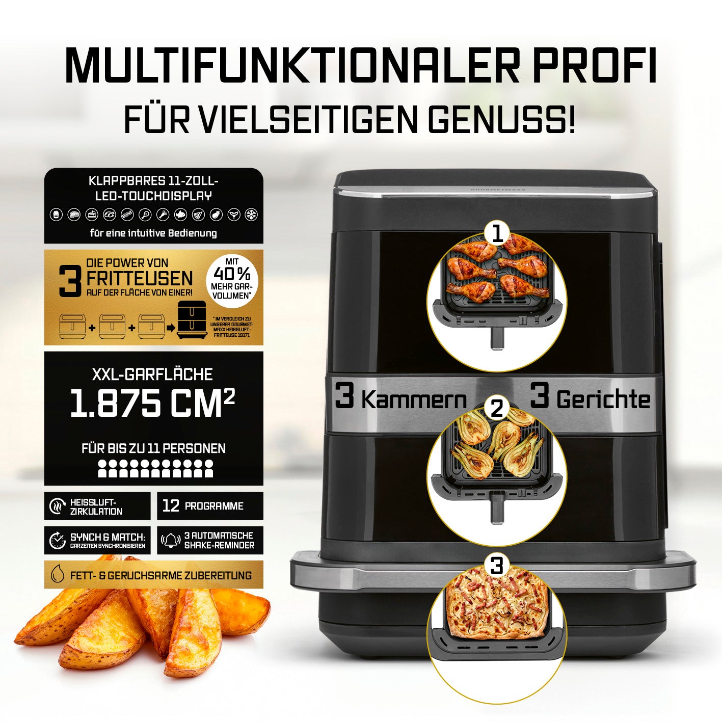 FryUp3 Vertikale 3-Kammer-Heißluftfritteuse - 13,4 l - inkl. HighHeat-Ofenschublade