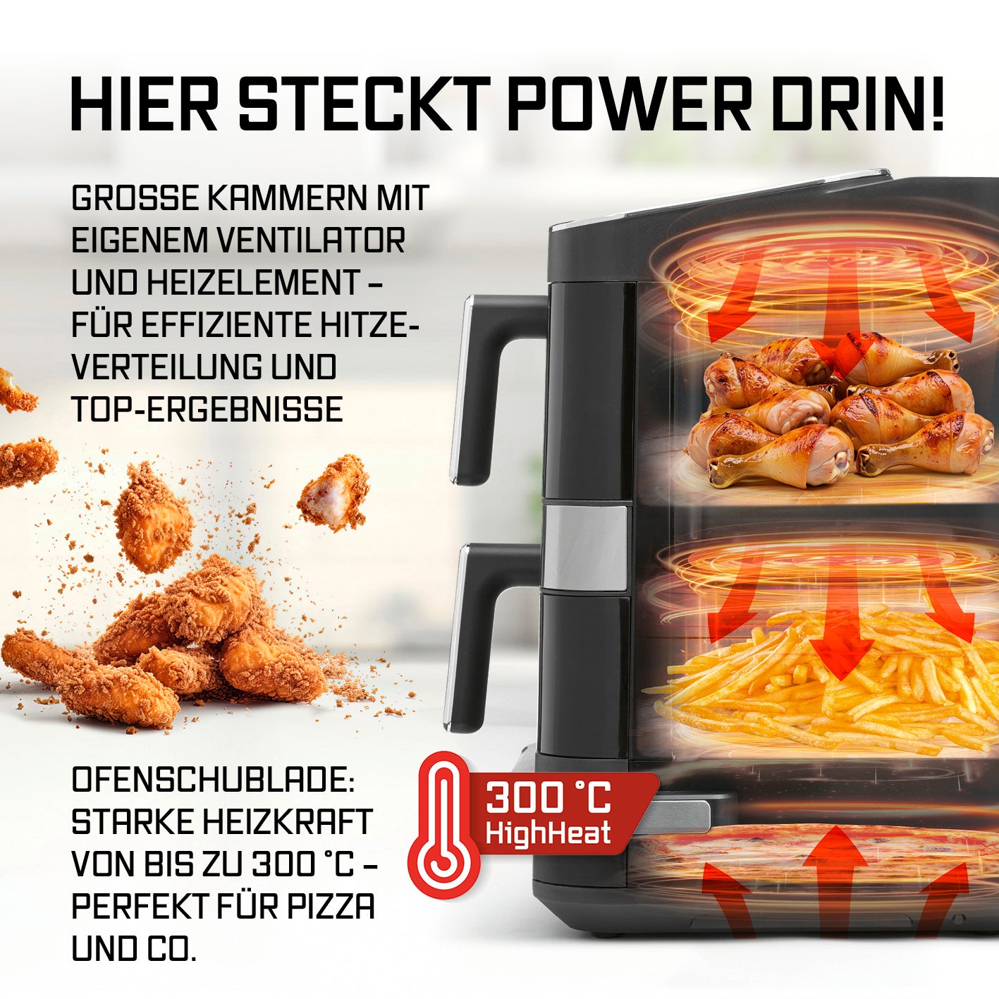 FryUp3 Vertikale 3-Kammer-Heißluftfritteuse - 13,4 l - inkl. HighHeat-Ofenschublade