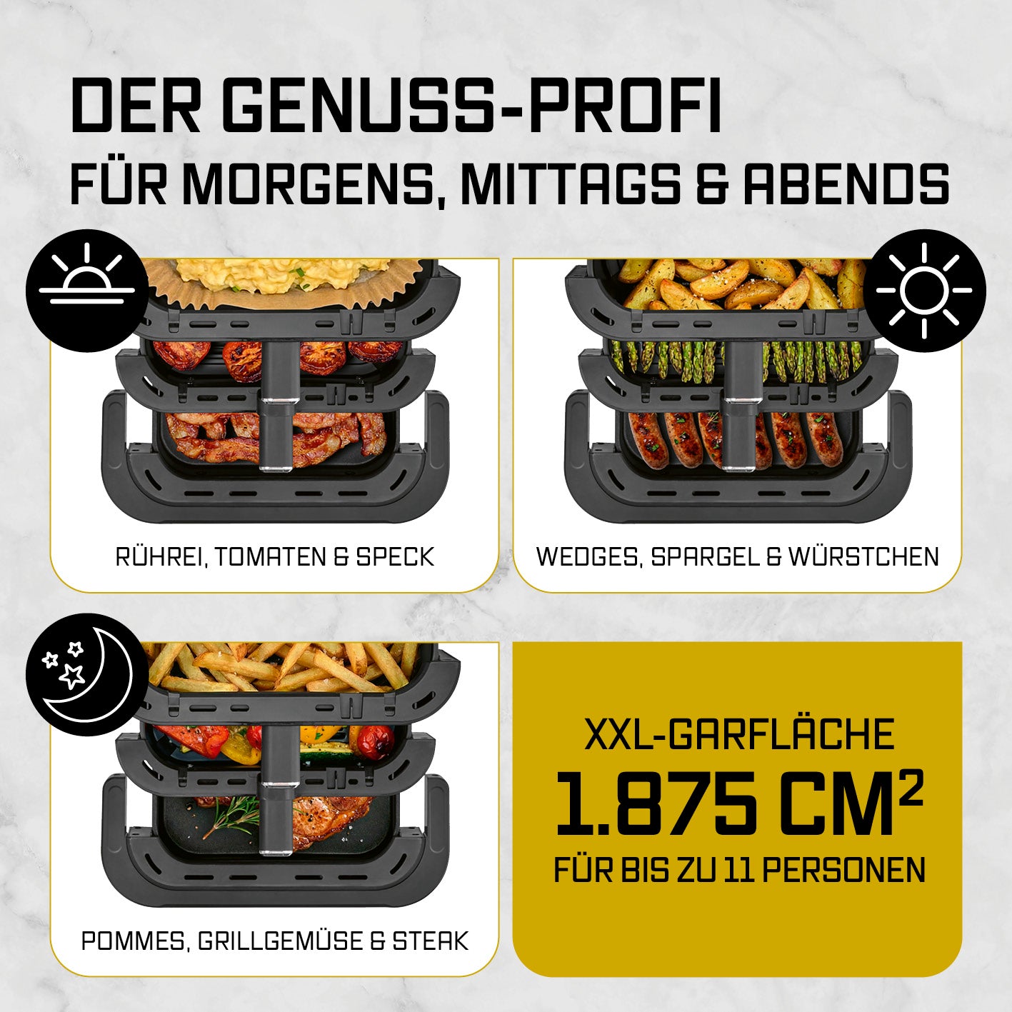 FryUp3 Vertikale 3-Kammer-Heißluftfritteuse - 13,4 l - inkl. HighHeat-Ofenschublade