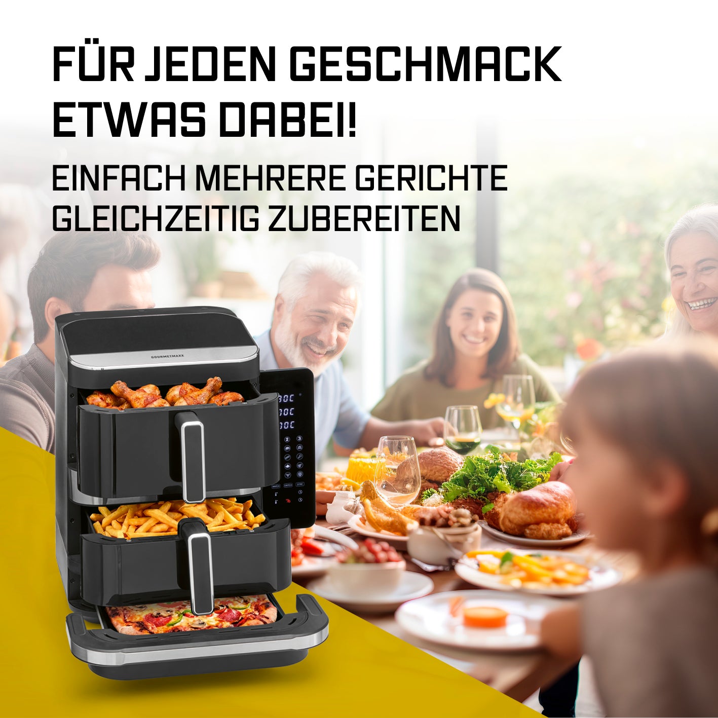 FryUp3 Vertikale 3-Kammer-Heißluftfritteuse - 12,4 l - inkl. HighHeat-Ofenschublade