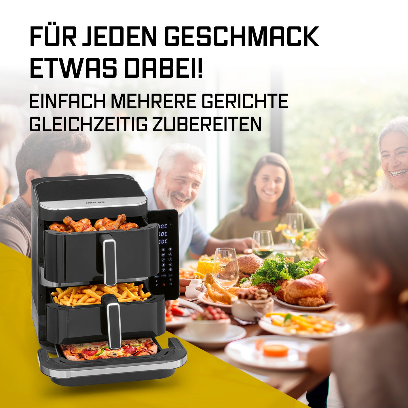 FryUp3 Vertikale 3-Kammer-Heißluftfritteuse - 13,4 l - inkl. HighHeat-Ofenschublade