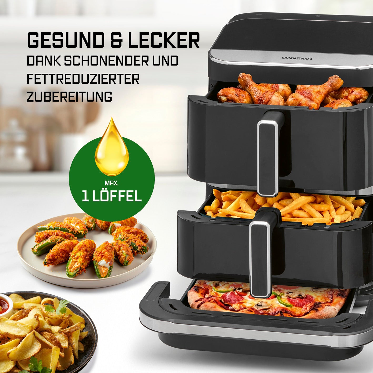 FryUp3 Vertikale 3-Kammer-Heißluftfritteuse - 13,4 l - inkl. HighHeat-Ofenschublade