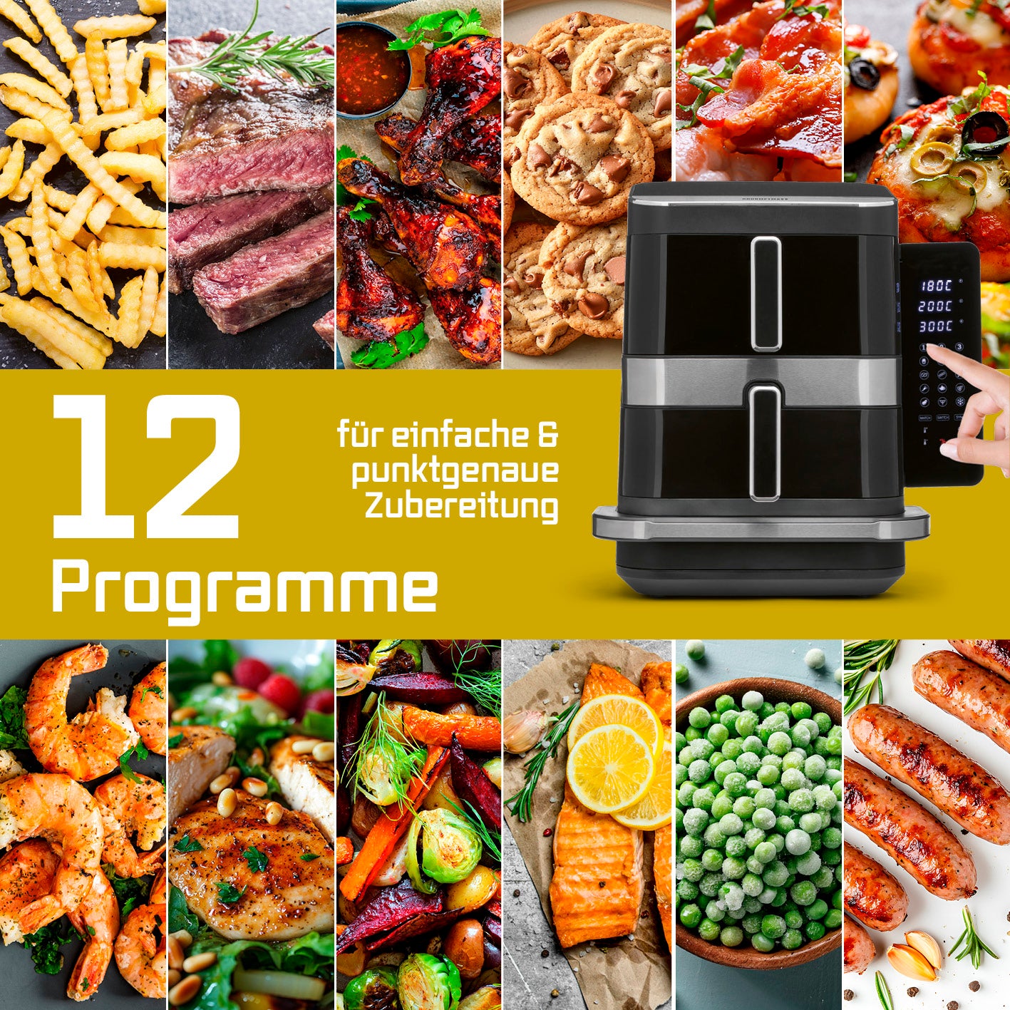 FryUp3 Vertikale 3-Kammer-Heißluftfritteuse - 13,4 l - inkl. HighHeat-Ofenschublade
