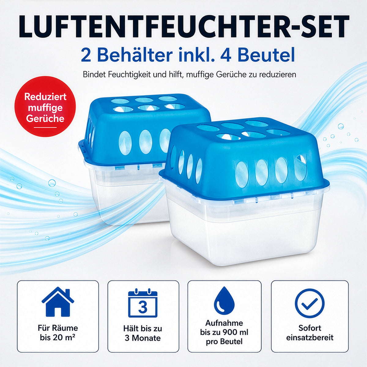 Luftentfeuchter-Set, 2 Behälter inkl. 4 Beutel