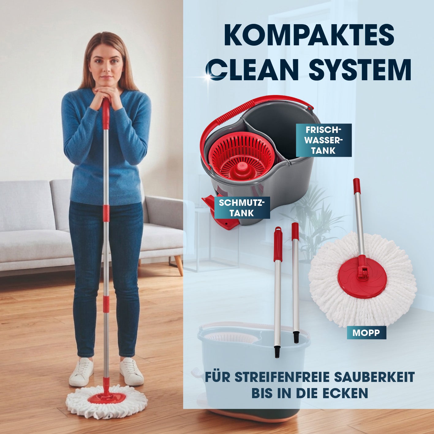 Power-Wischmopp - Zwei-Kammer-Filtersystem - rot/grau