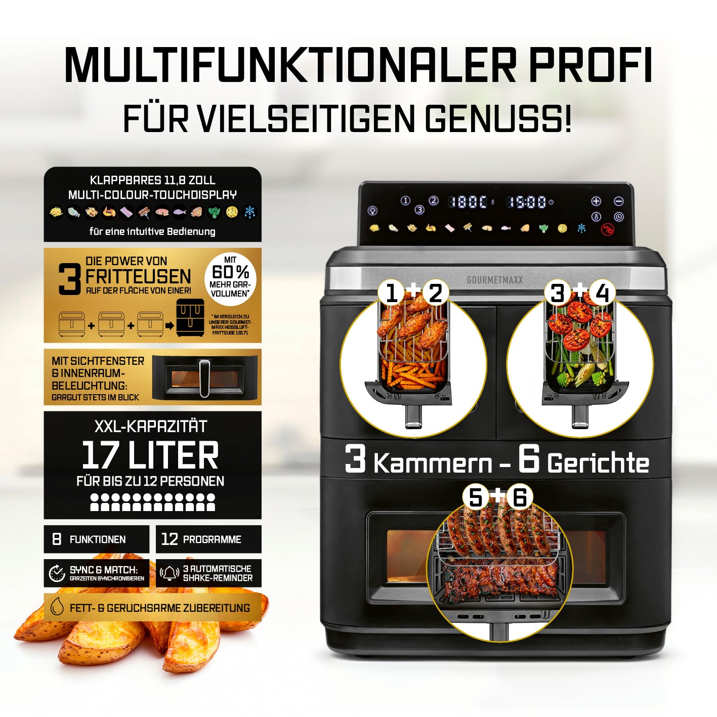 FryUp3 Vertikale 3-Kammer-Heißluftfritteuse - 17 l