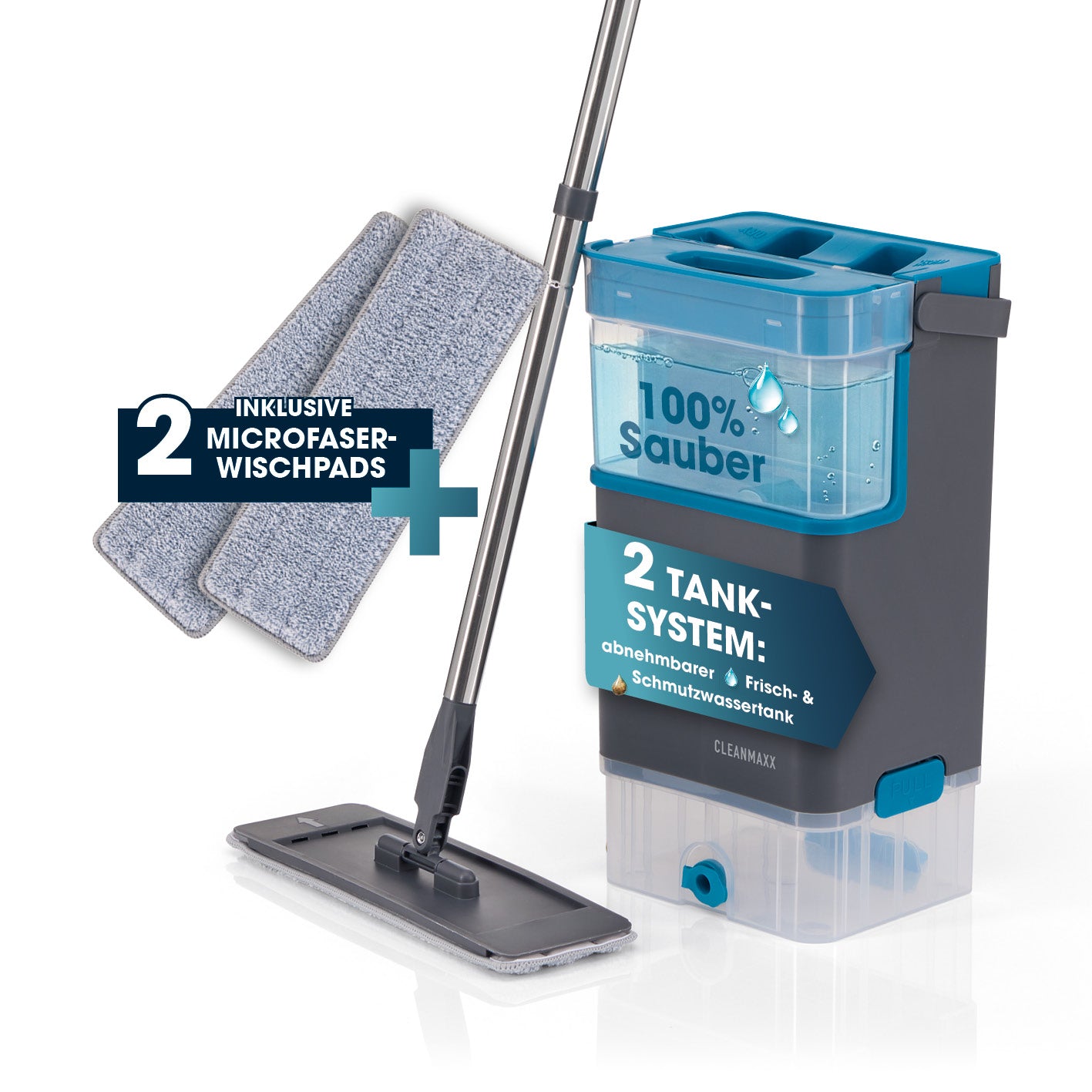 Komfort-Mopp DuoTank - grau-blau + Ersatz-Wischpad 2er-Set