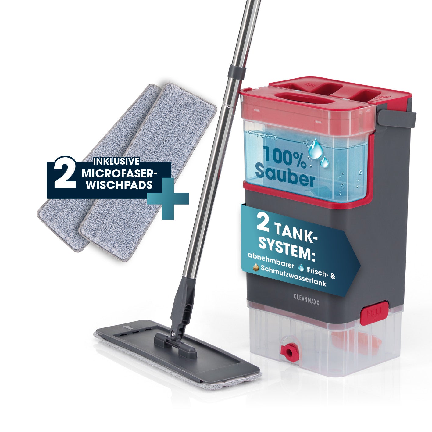 Komfort-Mopp DuoTank - grau-rot + Ersatz-Wischpad 2er-Set