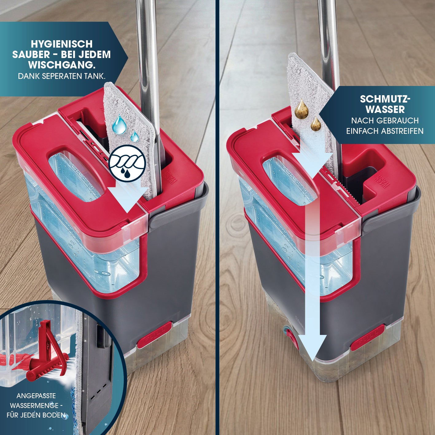 Komfort-Mopp DuoTank - grau-rot + Ersatz-Wischpad 2er-Set
