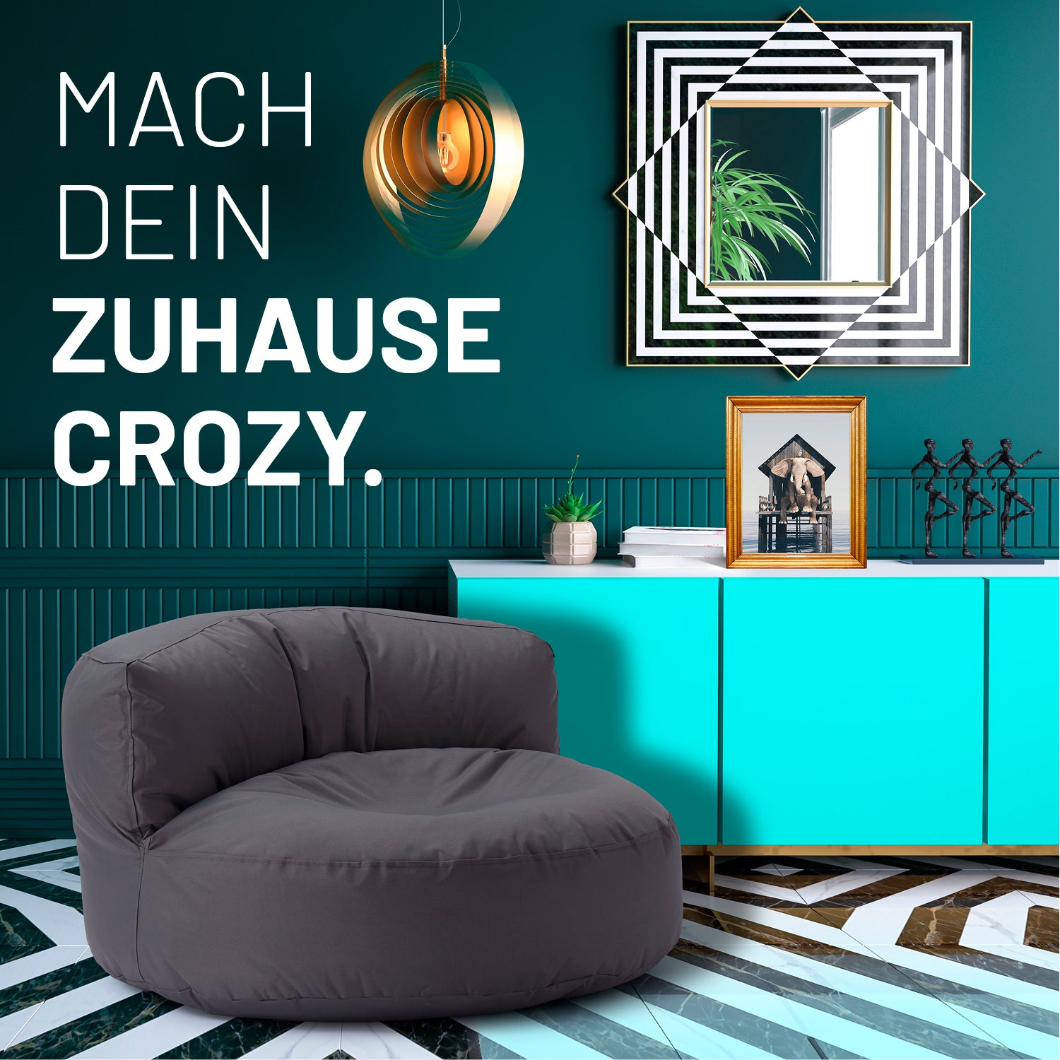 Sitzsack Lounge (320 L) - indoor & outdoor - Anthrazit in modernem Wohnraum vor türkisem Sideboard und Kunstobjekten.