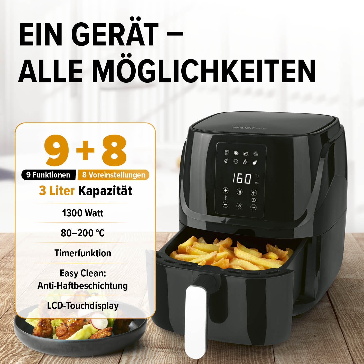 Heißluftfritteuse mit 1300W, 3L, 9 Funktionen, LCD-Touchdisplay, Anti-Haftbeschichtung und Timer für fettarmes Frittieren.