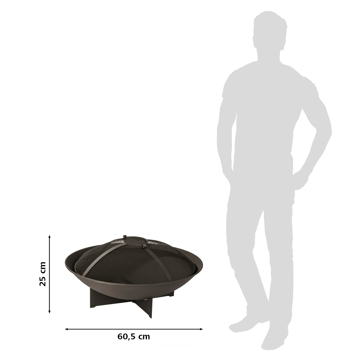 Feuerkorb - 60,5 cm - schwarz, pulverbeschichtet, wetterfest, stabiler Sockel, mit Funkenschutzgitter und Tragegriff für sicheren Schutz.