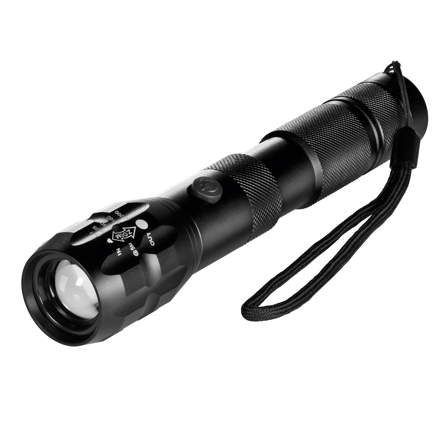 Power-Taschenlampe 3,7 V - 1800 mAh mit 5 Leuchtmodi, 150 m Reichweite, robust und spritzwassergeschützt für Outdoor-Einsatz.