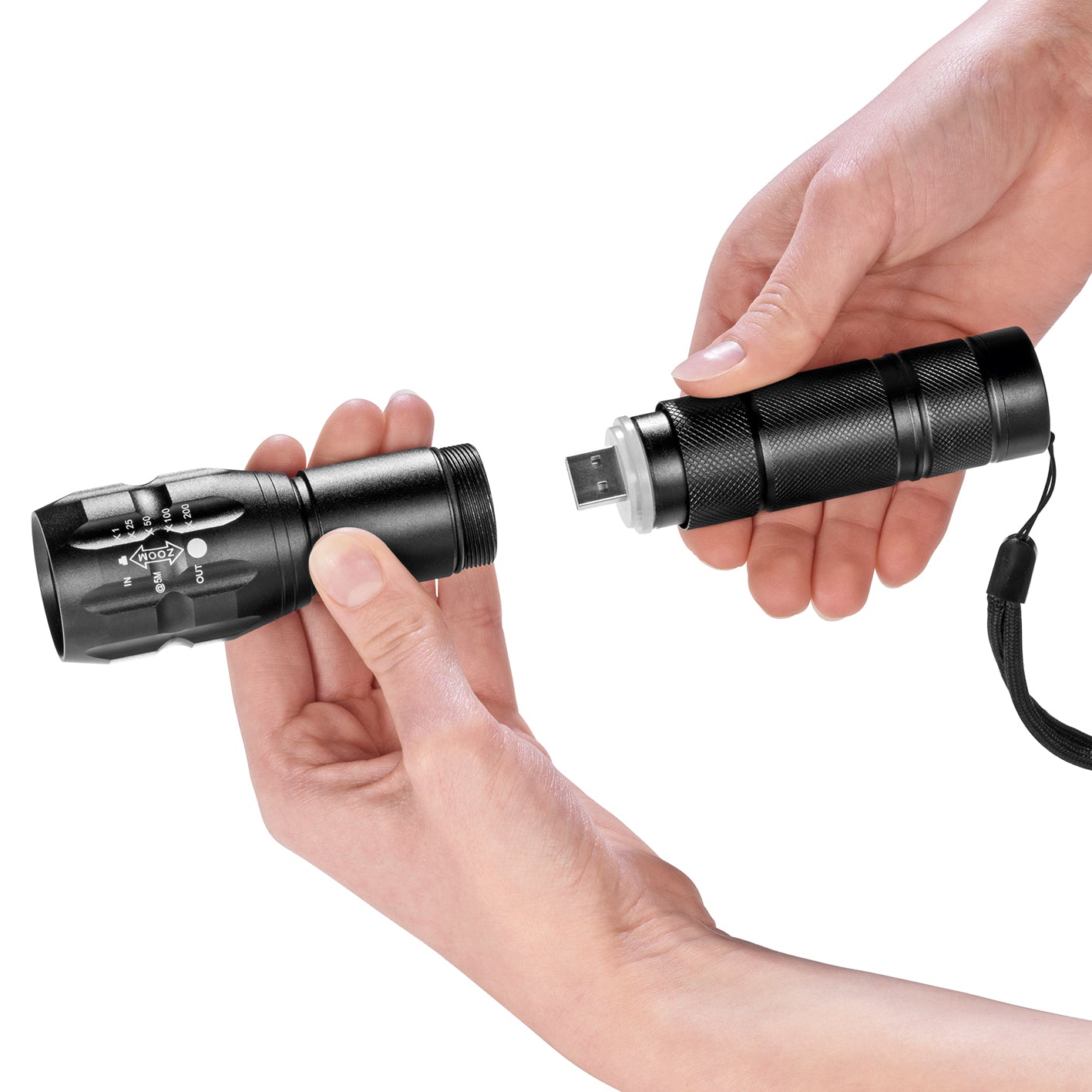 Power-Taschenlampe 3,7 V - 1800 mAh mit USB-Ladefunktion, robust und spritzwassergeschützt für Outdoor-Einsatz und Notfälle.