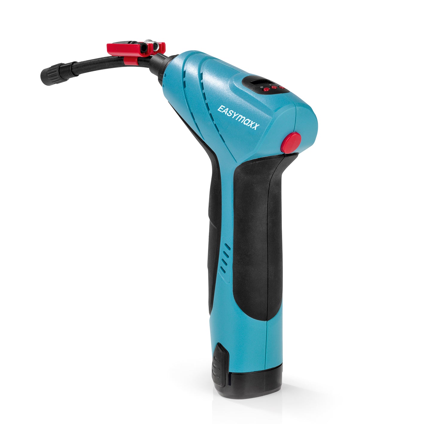 Akku-Handkompressor mit LED-Beleuchtung - blau/schwarz, kabellos, digitale Anzeige, Zubehör für Reifenventile, kompakt und handlich.
