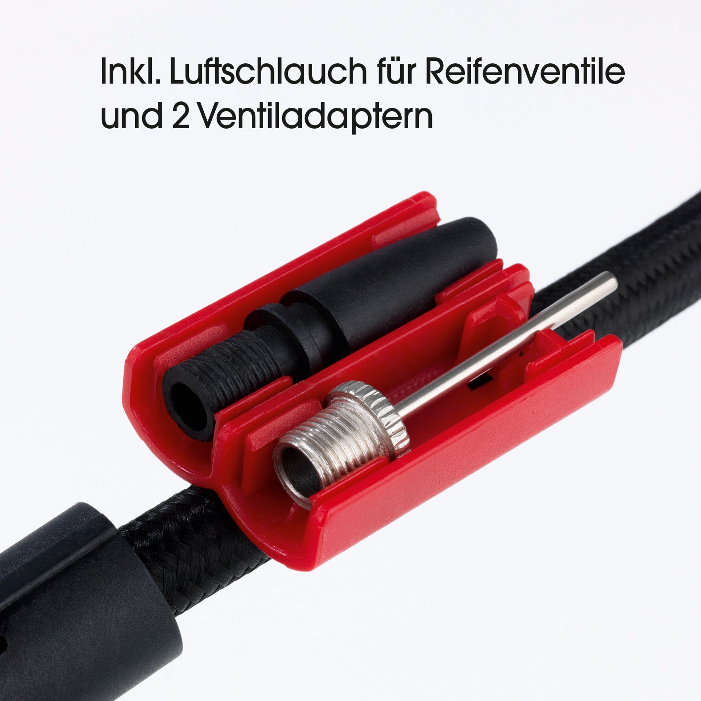 Akku-Handkompressor mit LED-Beleuchtung - blau/schwarz, Luftschlauch und 2 Ventiladapter für Reifenventile, detailreiche Nahaufnahme.