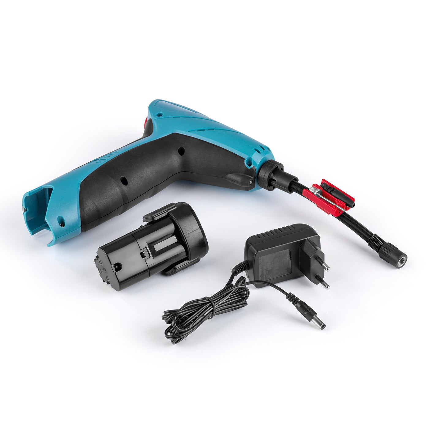 Akku-Handkompressor mit LED-Beleuchtung - blau/schwarz mit Akku, Ladekabel und Luftschlauch für vielseitiges Aufpumpen.