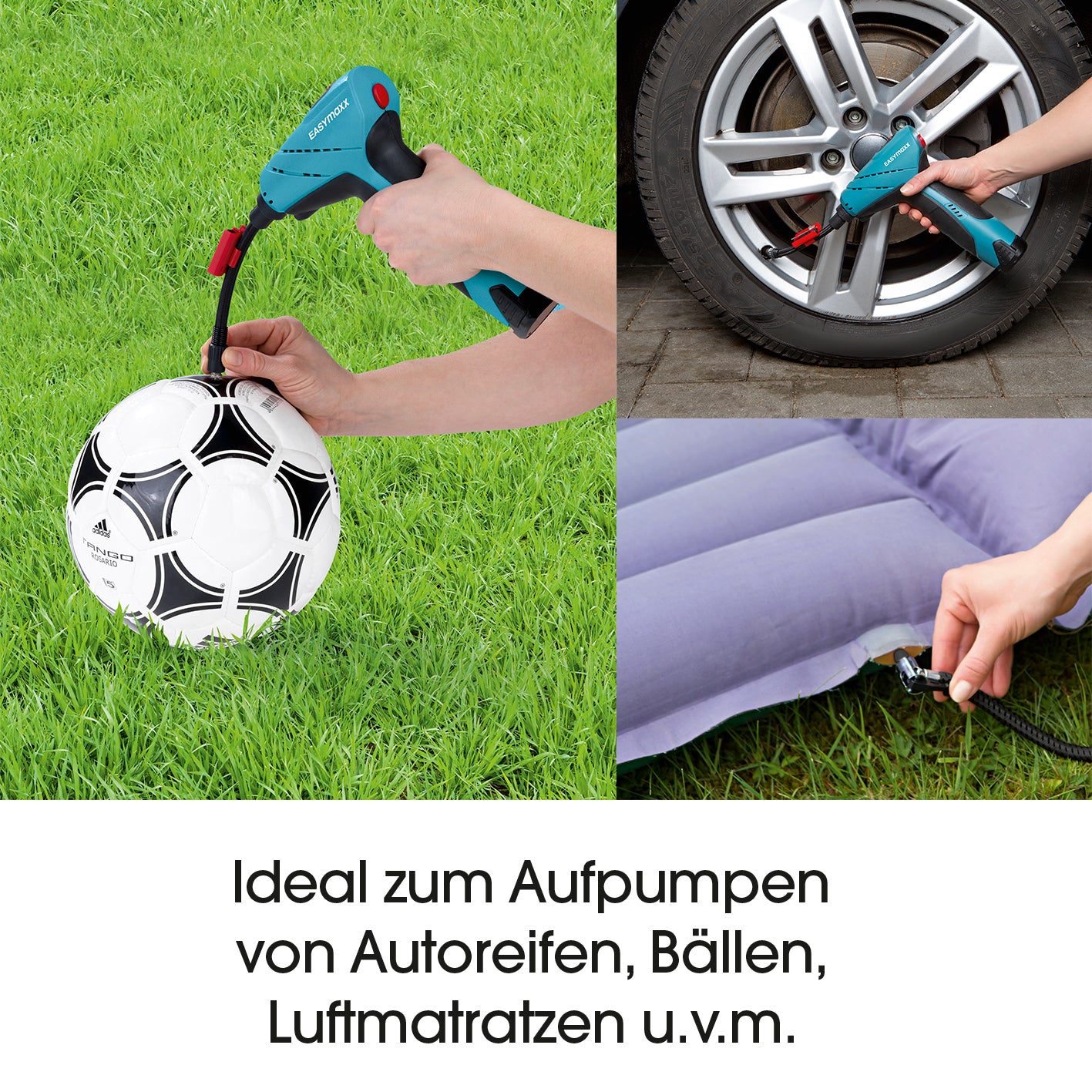 Akku-Handkompressor mit LED-Beleuchtung blau/schwarz, kabellos, für Reifen, Bälle und Luftmatratzen, digitale Luftdruckanzeige, Auto-Stopp-Funktion.