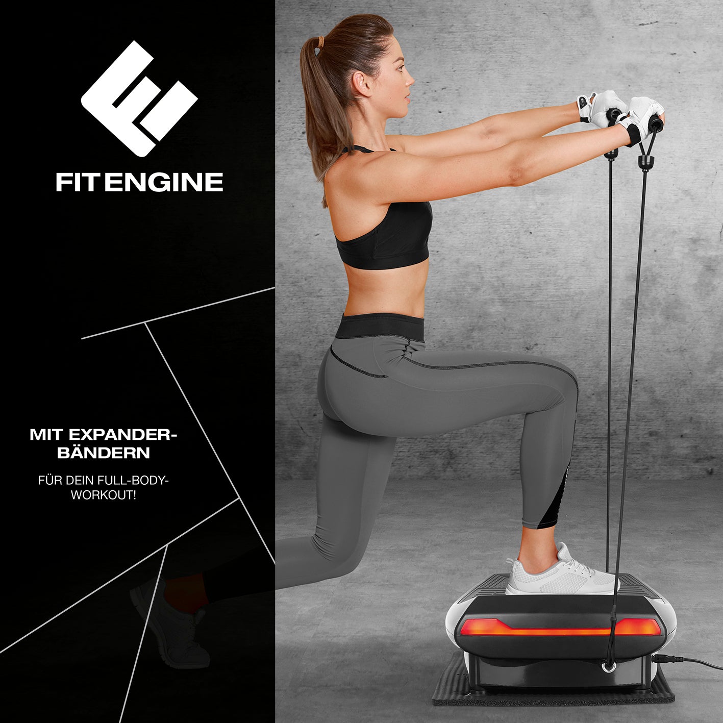 4D Vibrationsplatte - 3 Vibrationsmodi, 4D-Technologie & 60 Intensitätsstufen mit Expanderbändern für effektives Ganzkörpertraining.