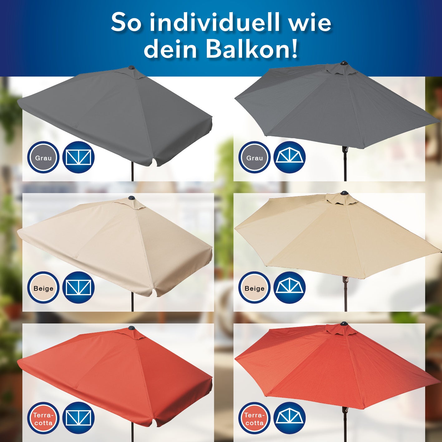 EASYmaxx Sonnenschirm - rechteckig, beige, UV-Schutz 40+, platzsparend, mit Handkurbel, ideal für kleine Terrassen und Balkone.