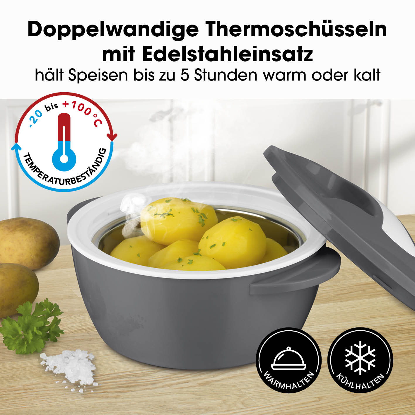 Thermo-Schüssel Mikrowelle - 850 ml grau/weiß, doppelwandig, Edelstahl, hält Speisen bis zu 5 Stunden warm oder kalt, temperaturbeständig -20 bis 100 °C.