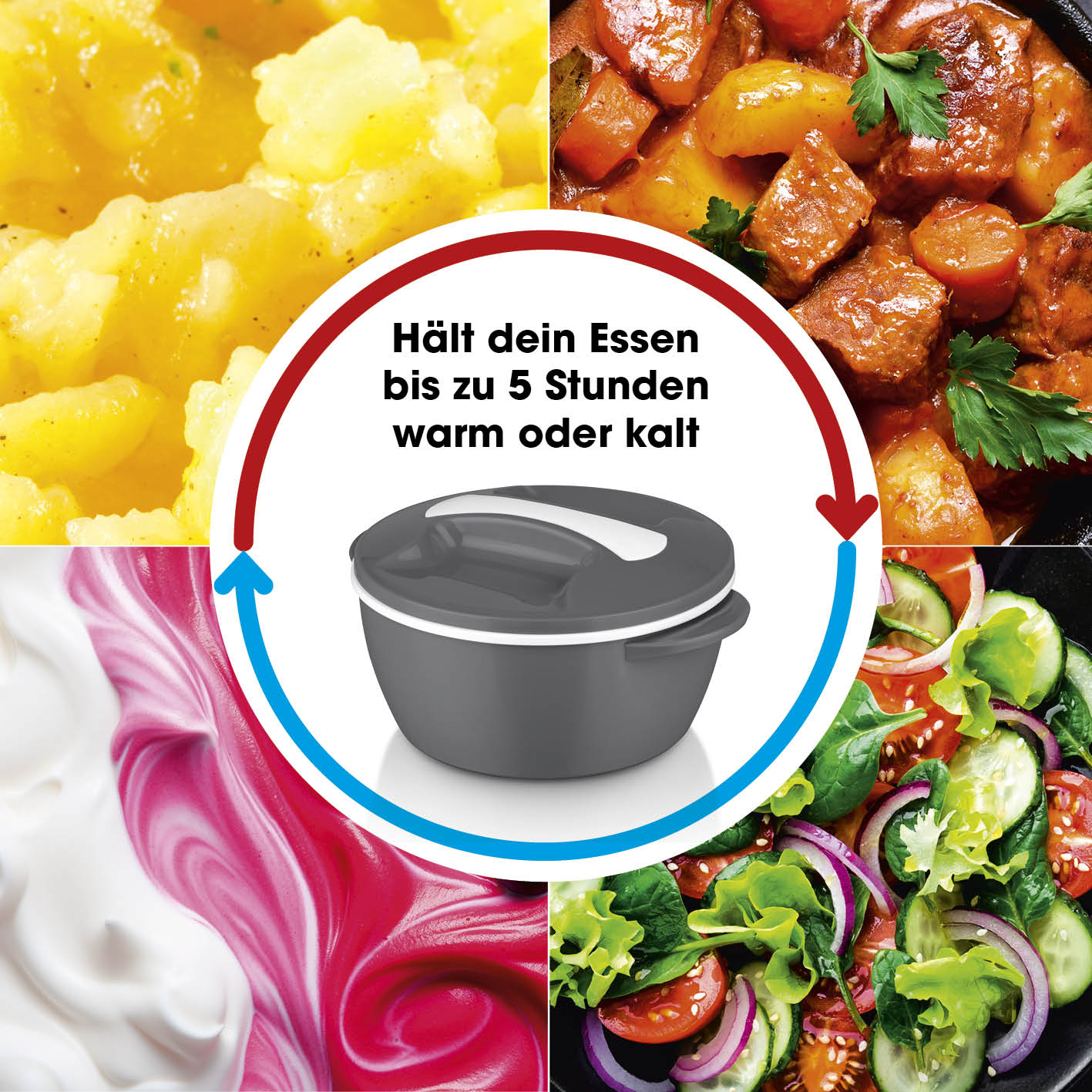 Thermo-Schüssel Mikrowelle - 850 ml - grau/weiß, doppelwandig mit Edelstahleinsatz, hält Speisen bis zu 5 Stunden warm oder kalt.