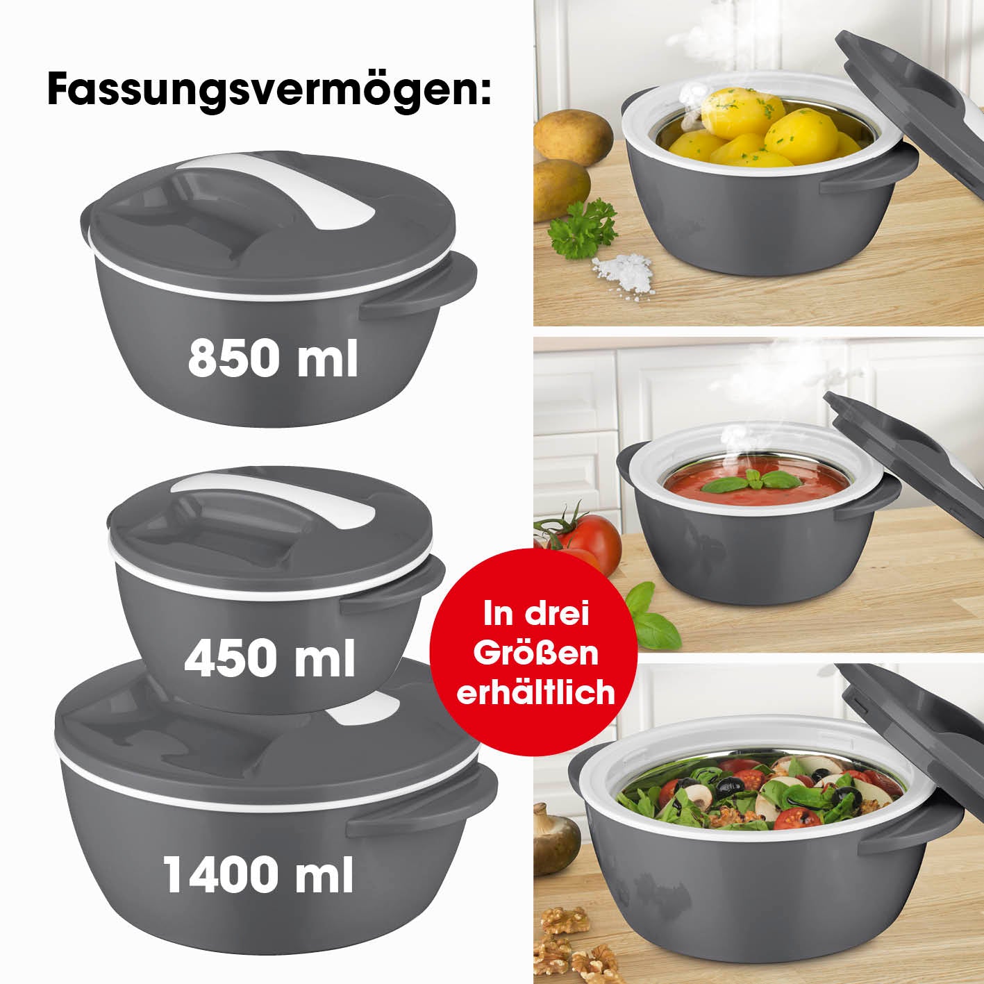 Thermo-Schüssel Mikrowelle - 850 ml grau/weiß, doppelwandig mit Edelstahleinsatz, hält Speisen warm oder kalt bis 5 Stunden.
