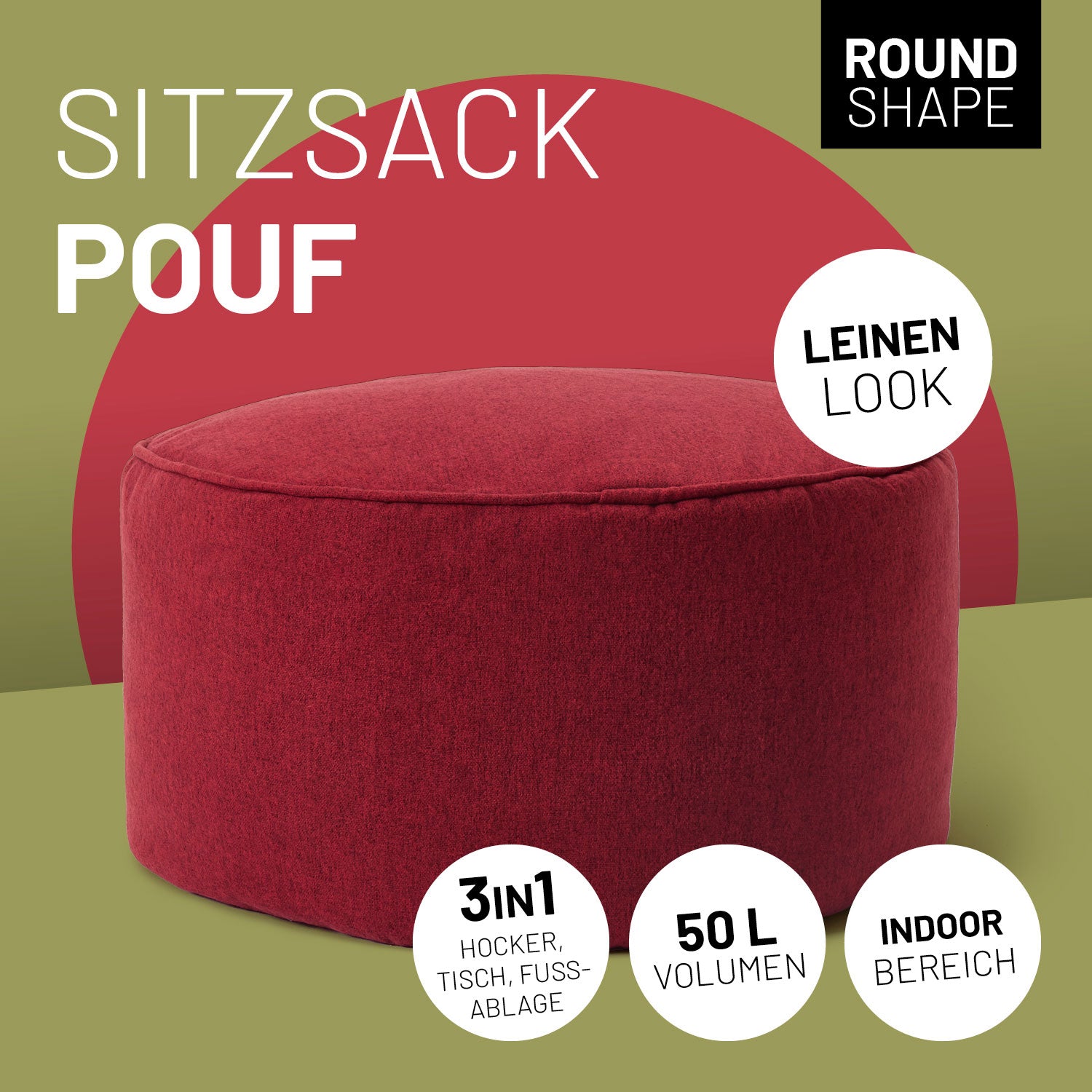 Comfort Line Sitzsack-Hocker/Pouf (50 L) Rot, indoor, 3in1 Hocker, Tisch, Fußablage, hochwertig, moderner Sitzsack mit Leinen Look.