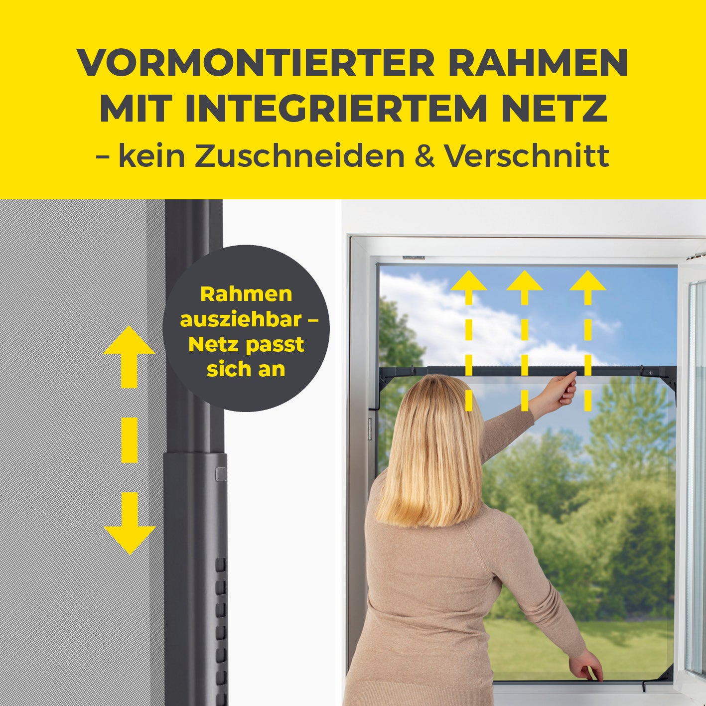 Teleskop-Insektenschutzgitter mit integriertem Netz - anthrazit, vormontierter ausziehbarer Rahmen für passgenaue Anpassung ohne Zuschneiden.