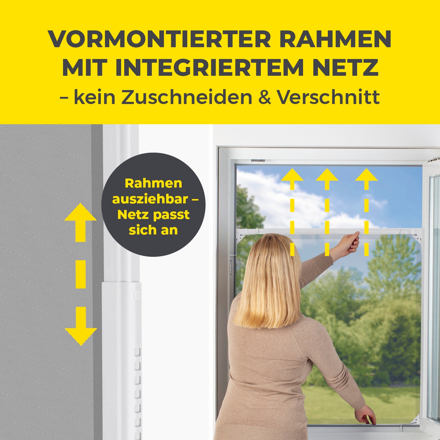 Frau montiert Teleskop-Insektenschutzgitter mit integriertem Netz - weiß, ausziehbarer Rahmen für individuelle Fenstergröße.