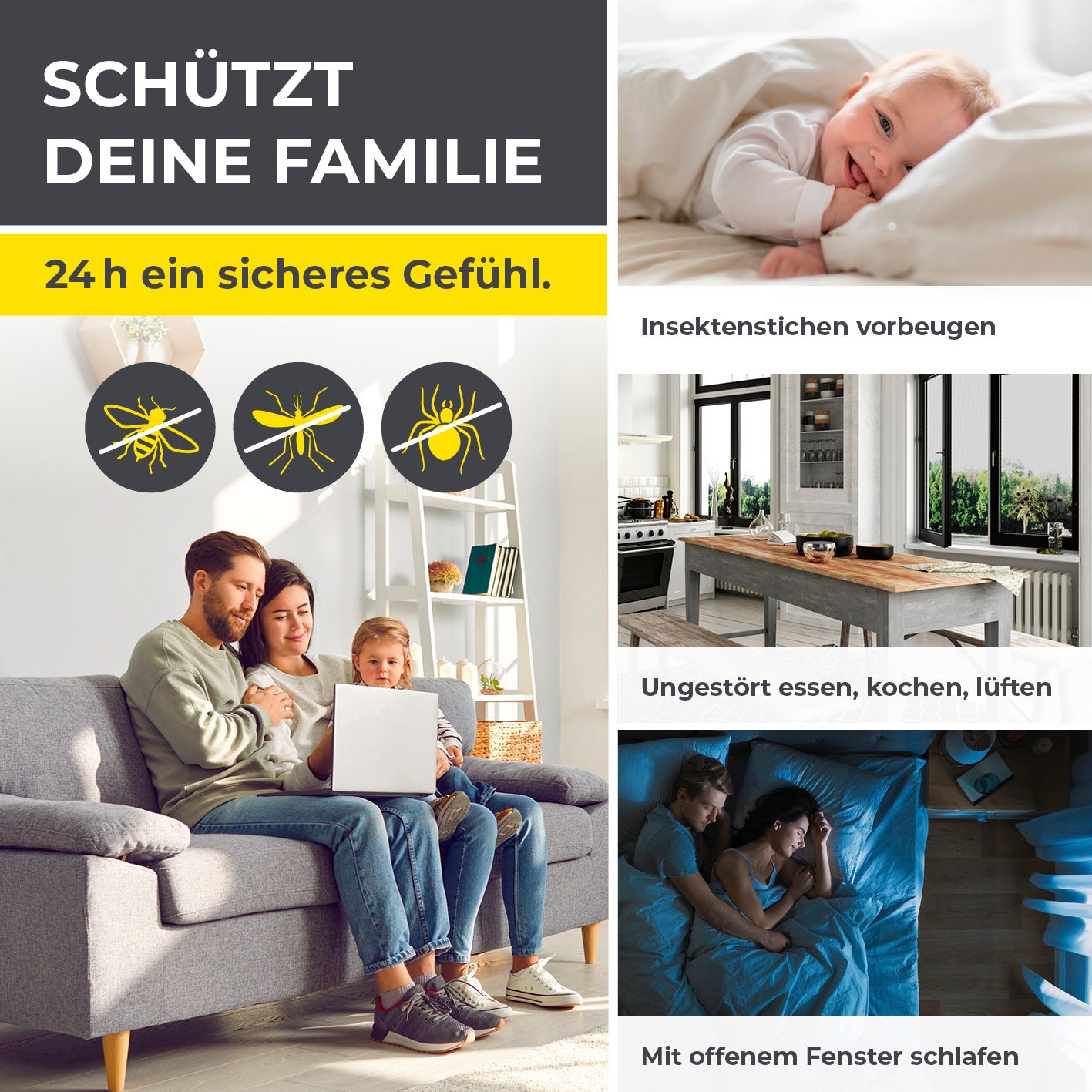 Teleskop-Insektenschutzgitter mit integriertem Netz - weiß schützt Familie vor Insektenstichen für ungestörtes Wohnen bei offenem Fenster.
