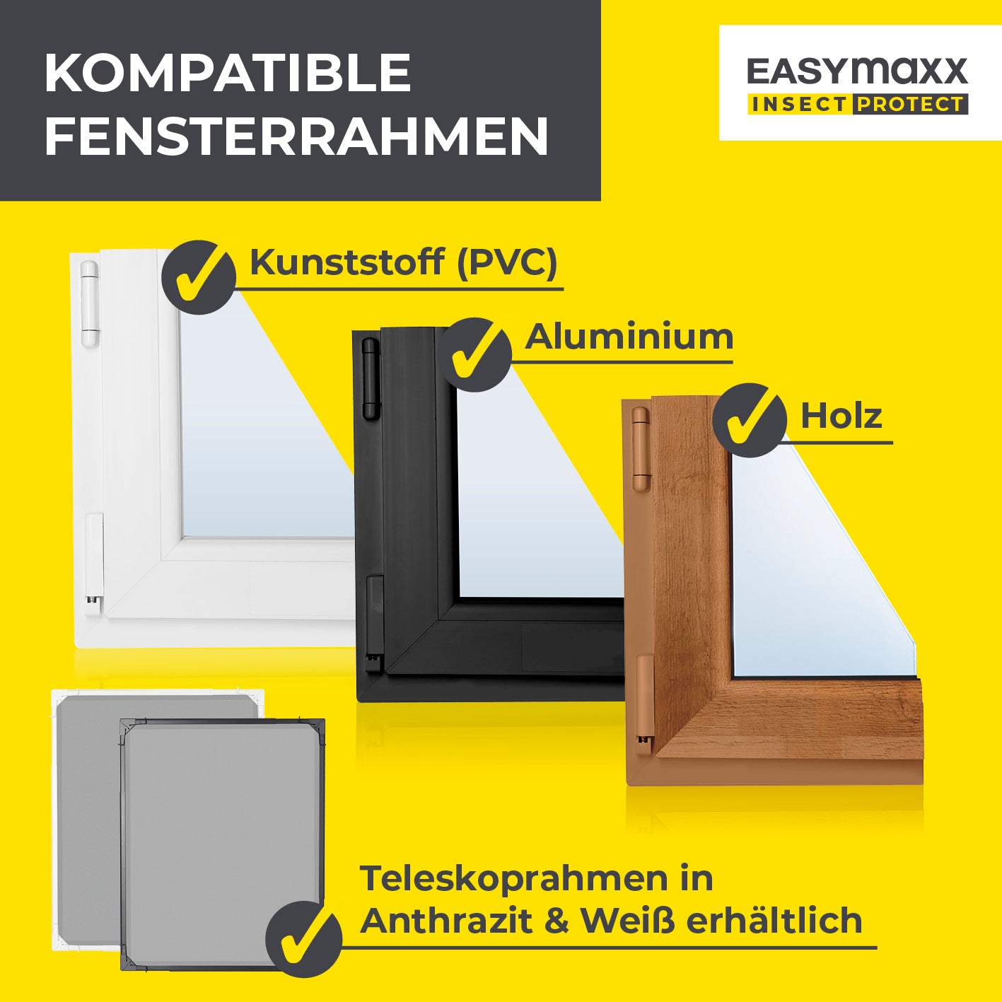 Teleskop-Insektenschutzgitter mit integriertem Netz - 2er-Set - weiß, passend für Kunststoff-, Aluminium- und Holzfensterrahmen.