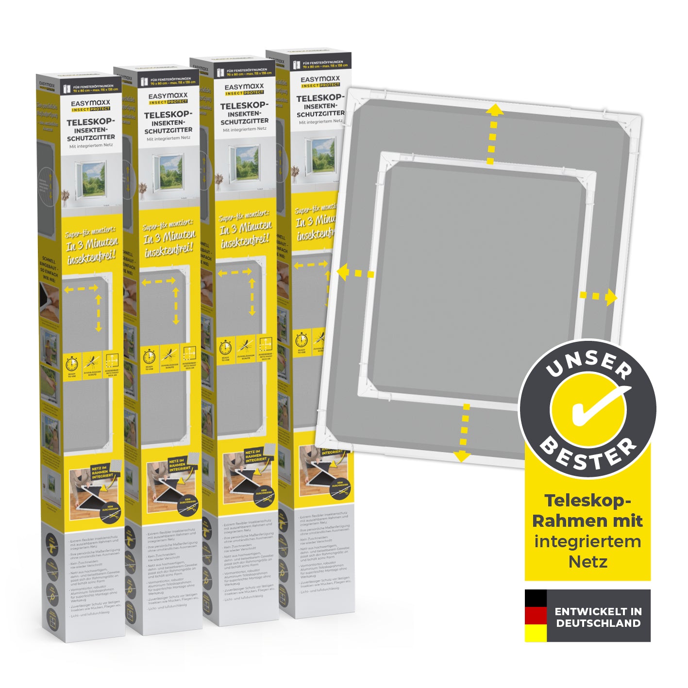 Teleskop-Insektenschutzgitter mit integriertem Netz - 4er-Set - weiß, verstellbarer Rahmen für individuelle Fenstergrößen und einfache Werkzeuglose Montage.