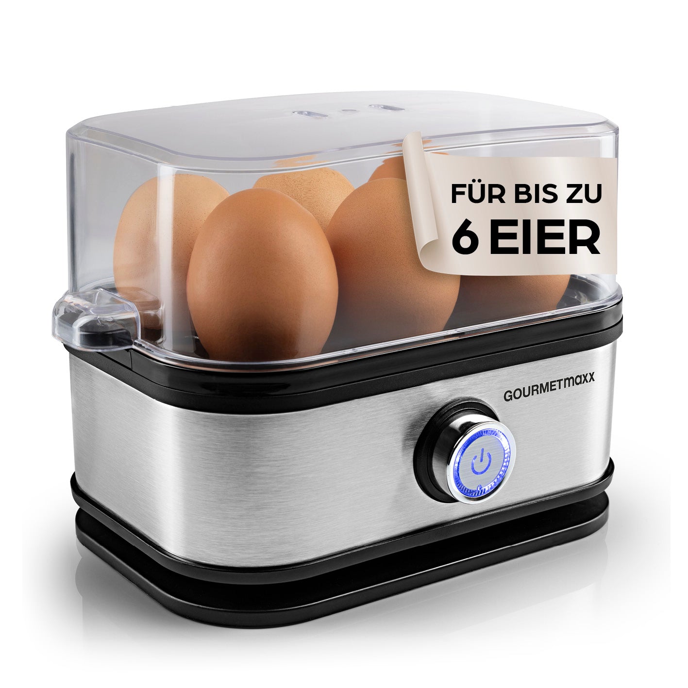Design-Eierkocher 6 Eier - Edelstahl mit transparentem Deckel, Platz für 6 Eier und einfacher Bedienung für perfektes Kochen zu Hause und unterwegs.