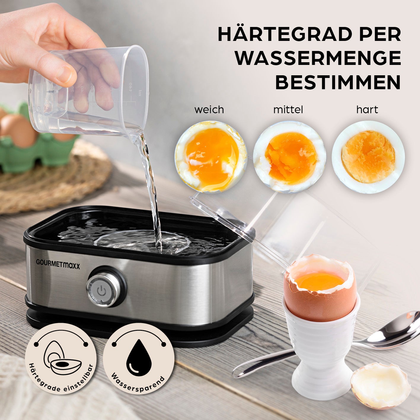 Design-Eierkocher 6 Eier - Edelstahl mit Wasserstand für weiche, mittlere oder harte Eier, Wassersparfunktion und einstellbarem Härtegrad.